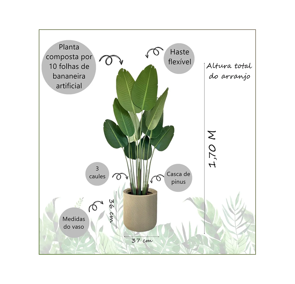 Bananeira Artificial com Vaso Bojo Toque Real para Decoração
