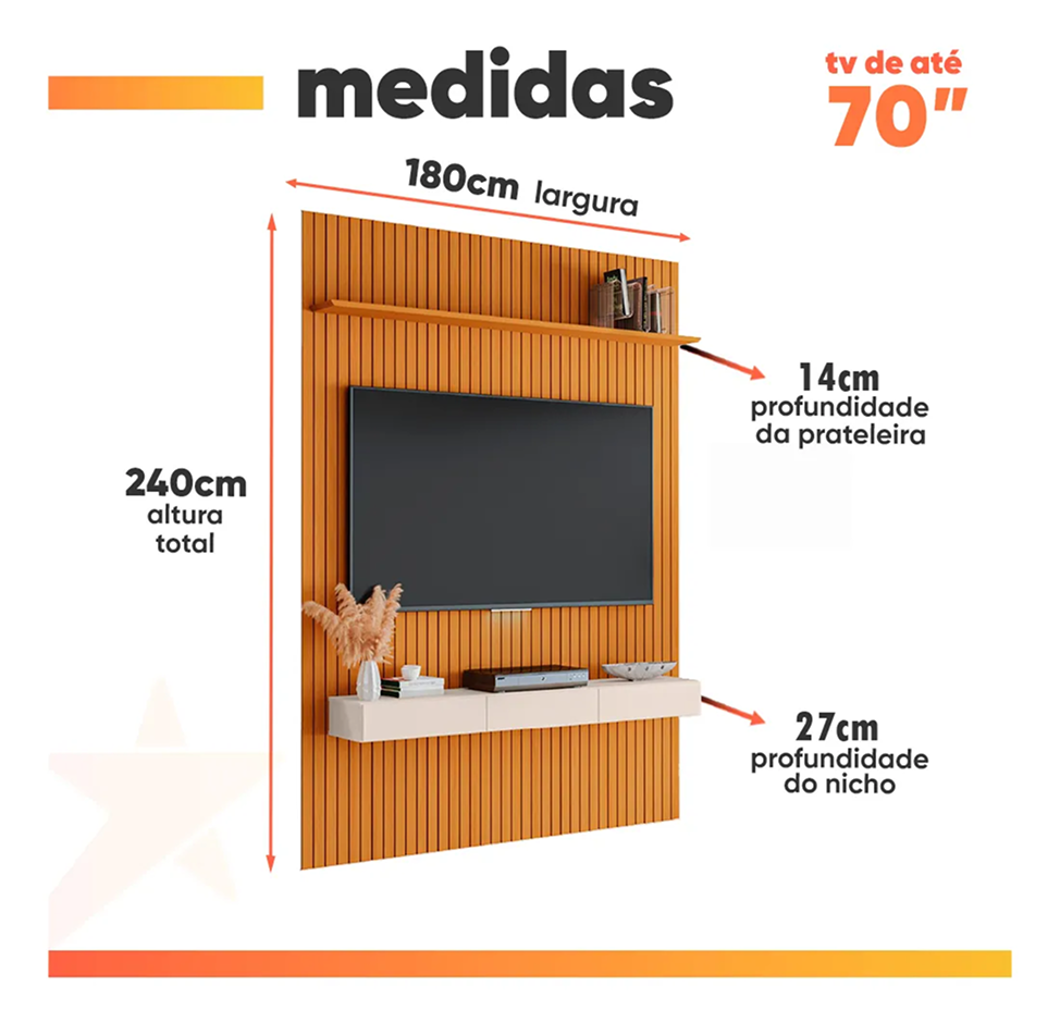 EDN Painel para TV até 70 Polegadas 1,80 × 2,40 m Ripado com Nicho Arbo Color Nature