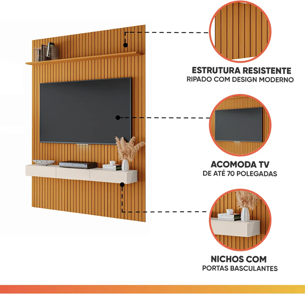EDN Painel para TV até 70 Polegadas 1,80 × 2,40 m Ripado com Nicho Arbo Color Nature