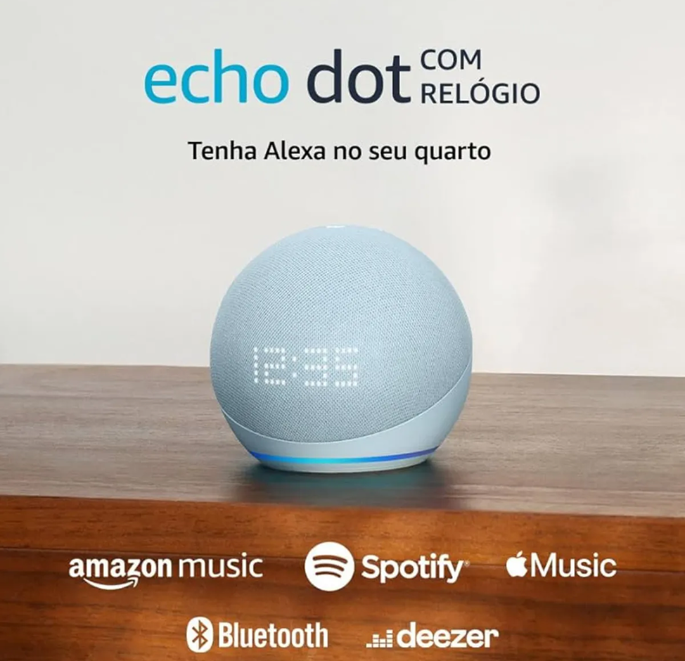 Echo Dot 5ª Geração Amazon Assistente Virtual Azul-Claro com Relógio Wi-Fi Bluetooth