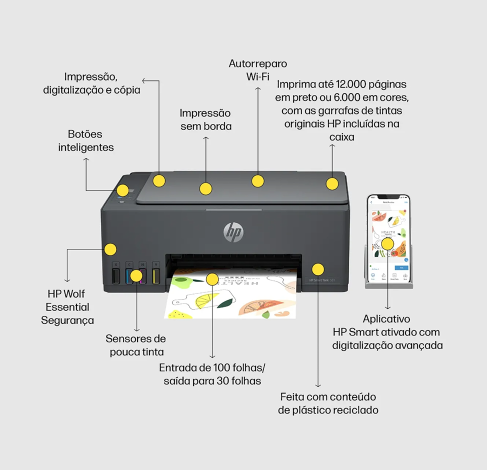 Impressora Multifuncional HP Smart Tank 581 Colorida USB 2.0 Wi-Fi Direct Bivolt (100–240 V)